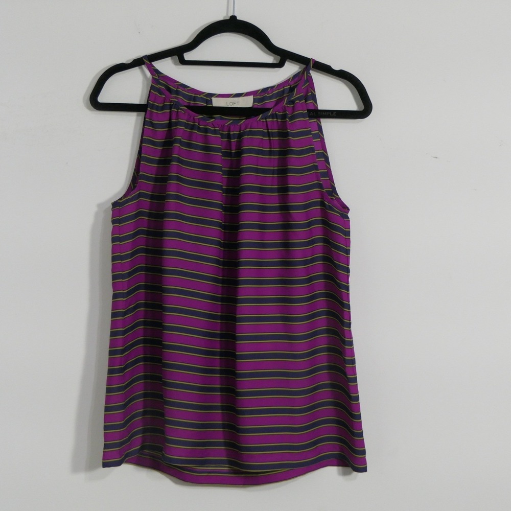 LOFT Women Cami S Purple Navy Striped Halter Preppy Minimalist Summer Artsy
